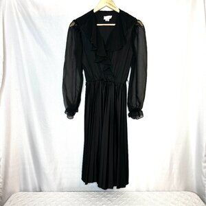 Vintage Boston Maid black dress Ruffled Sheer Pleated Dark Romantic Moody, 12